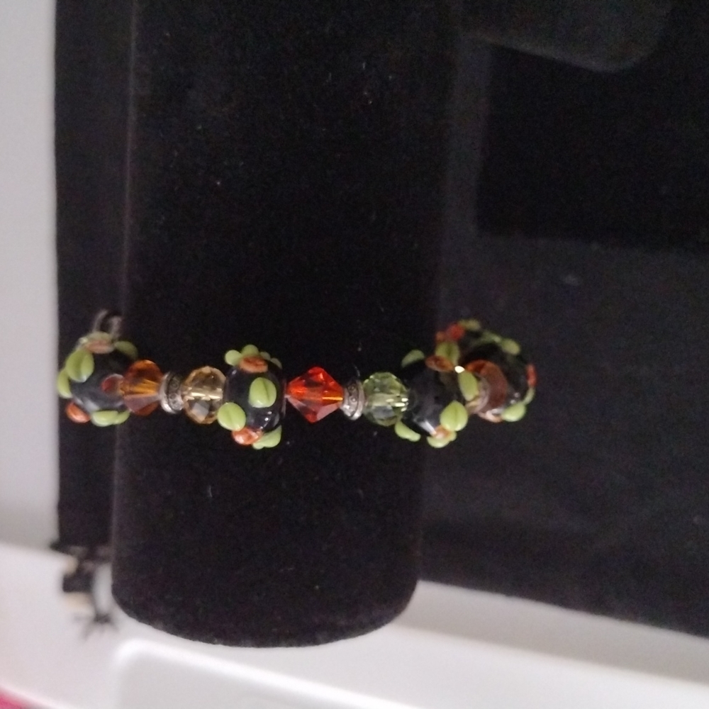 Handmade Black Ceramic and Rhinestone Bead Bracelet